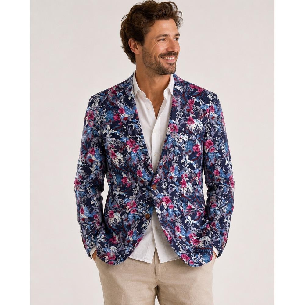 Tallia Linen Blend Blazer Navy Blue Floral Tropical Preppy Vacation Mens 42L